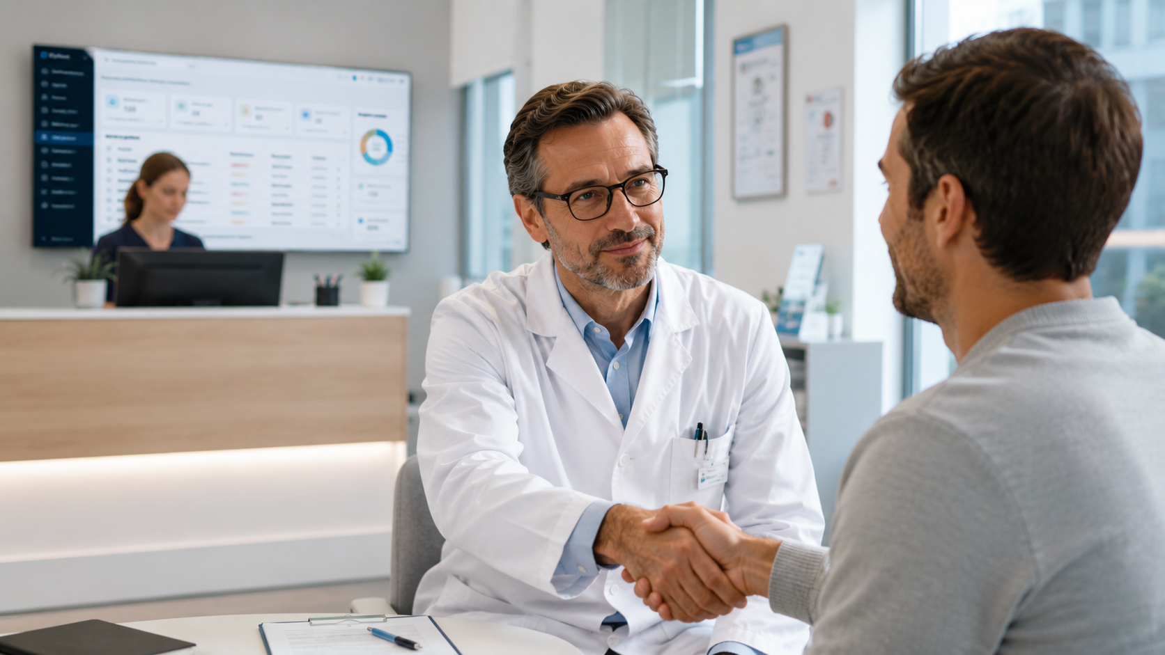 Medico che segue un paziente in uno studio organizzato con CRM sanitario e richiami Elynext sullo sfondo.