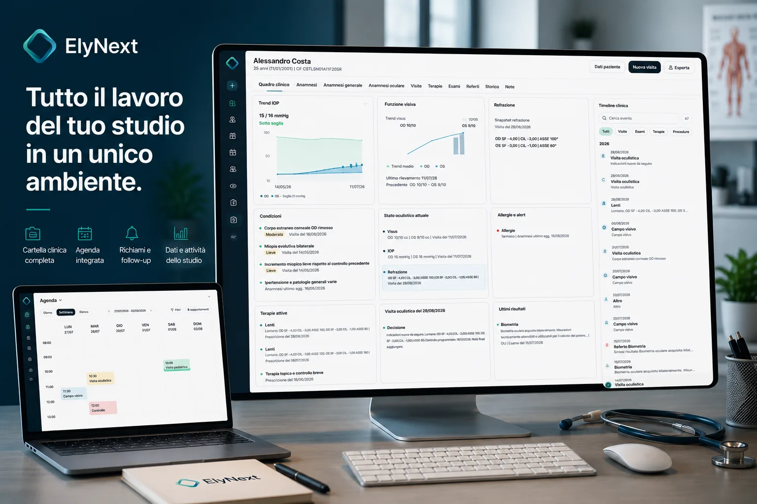 Elynext su monitor e laptop con cartella clinica, agenda, richiami e dati dello studio medico in un unico ambiente.