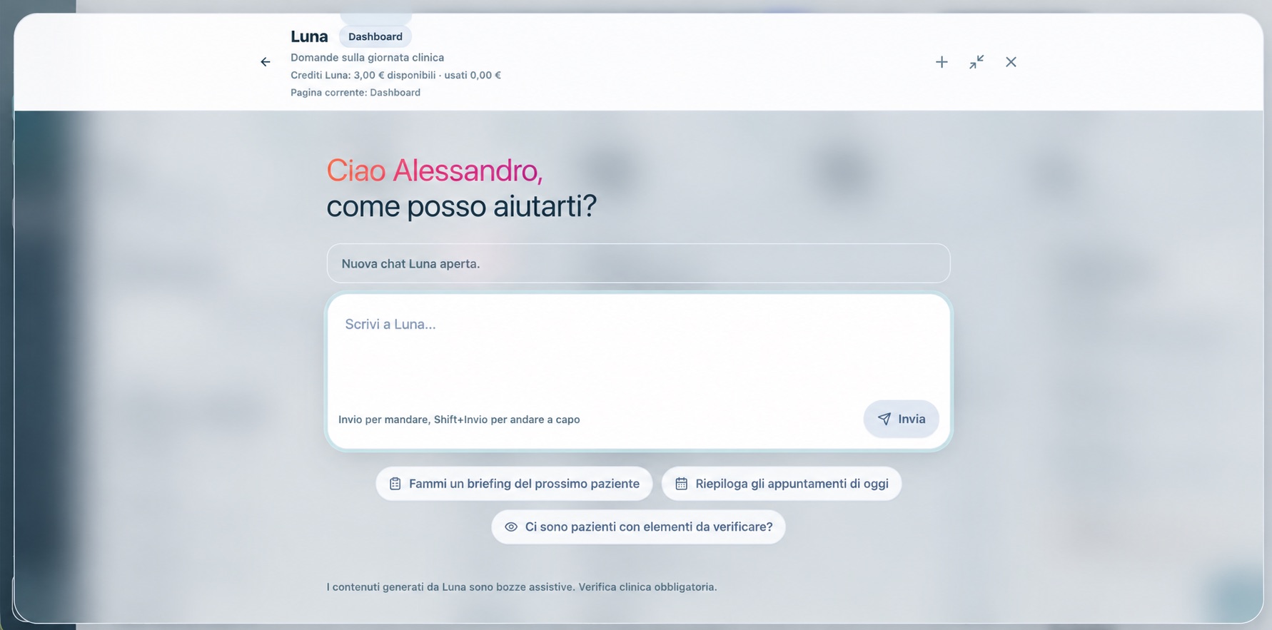 Dashboard Luna AI in Elynext con assistente, sintesi e azioni operative per lo studio.