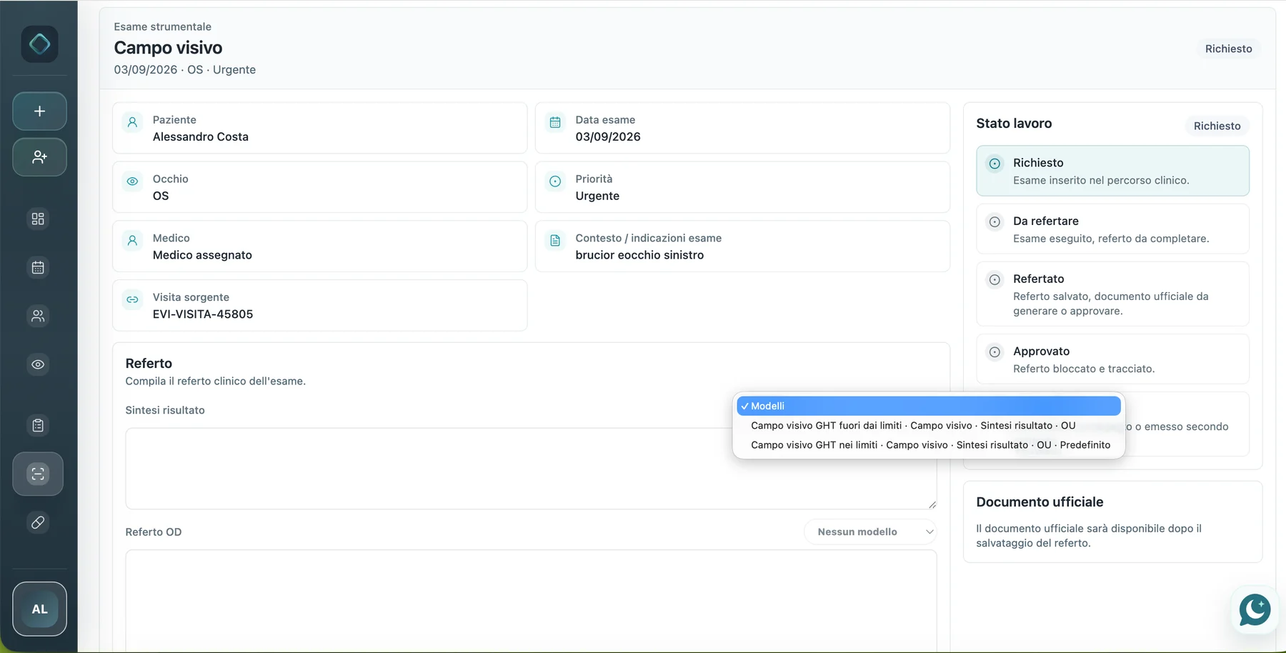 Interfaccia Elynext per refertazione oculistica con modello referto, stato lavoro e documento ufficiale.