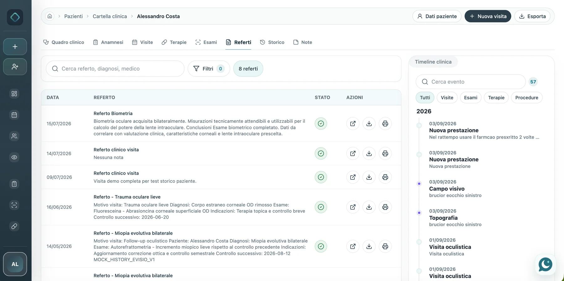 Interfaccia Elynext con elenco referti, stato documenti e timeline clinica del paziente.
