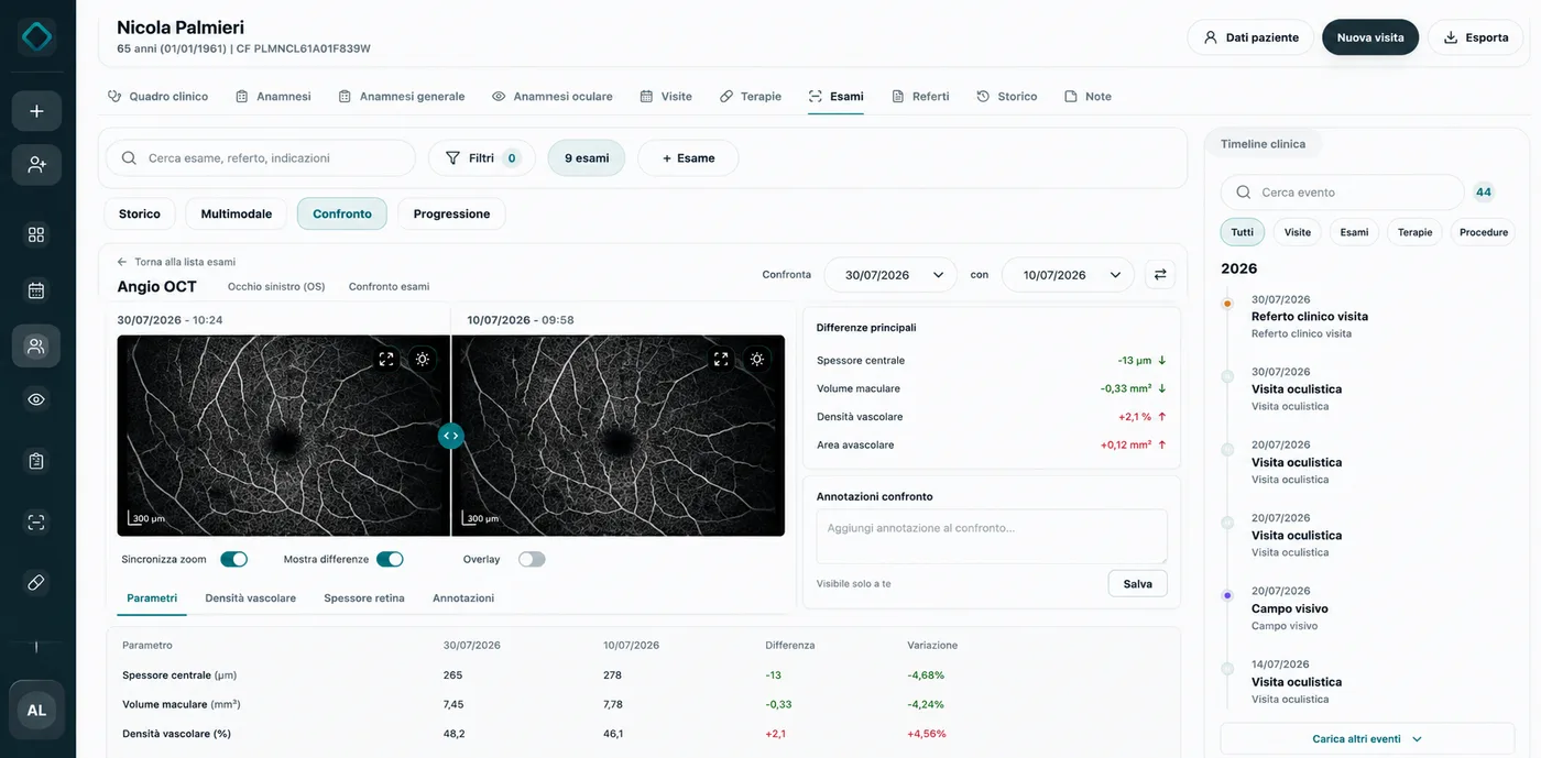 Schermata Elynext con confronto OCT e dati clinici del paziente